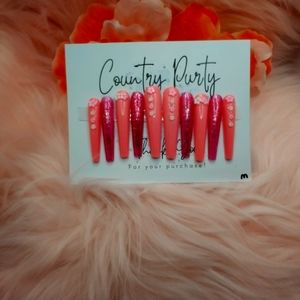 Custom press-ons extra long pink with white flowers size medium